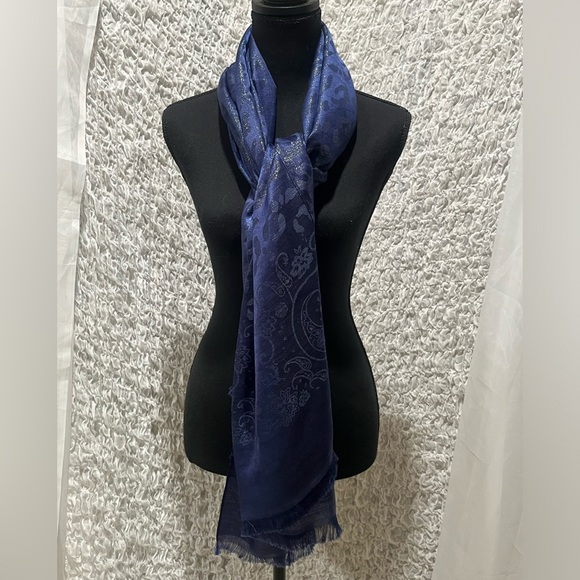 KASHKHA BLUE METALLIC PAISLEY AND LEOPARD PRINT SCARF 70”X 27” - Picture 1 of 6